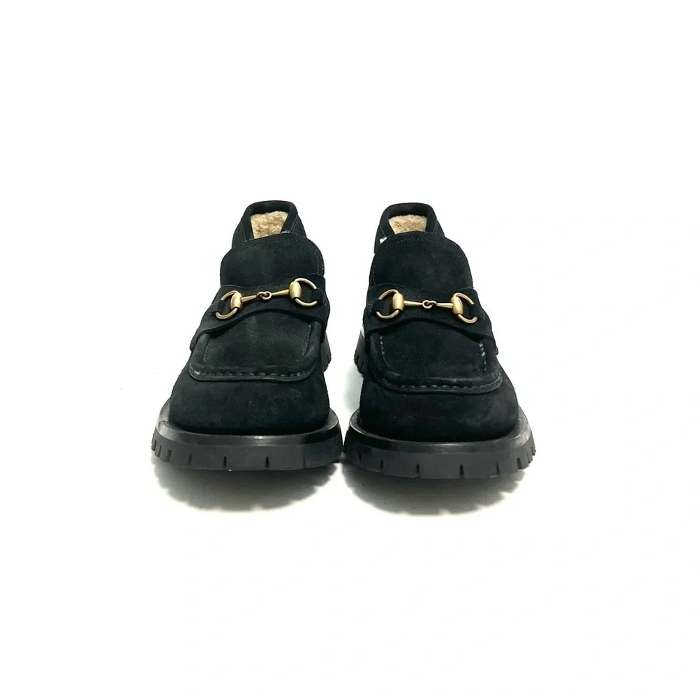 GUCCI | Mens black suede shearling lined Harald Horsebit platform loafers